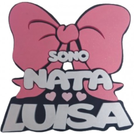 SCULTURA SCRITTA SONO NATA FIOCCO ROSA IN POLISTIROLO con NOME PERSONALIZZATO 40 X 35 X 5 cm