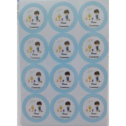 Etichette Adesive Prima Comunione Bimbo Azzurro Forma Tonda 4 cm diametro, 72 Pezzi,