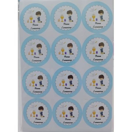 Etichette Adesive Prima Comunione Bimbo Azzurro Forma Tonda 4 cm diametro, 72 Pezzi,