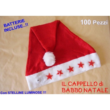 100 Cappello Cappelli Babbo Natale con stelline luminose 100 pezzi in panno lenci STOCK -BATTERIE OMAGGIO INCLUSE-