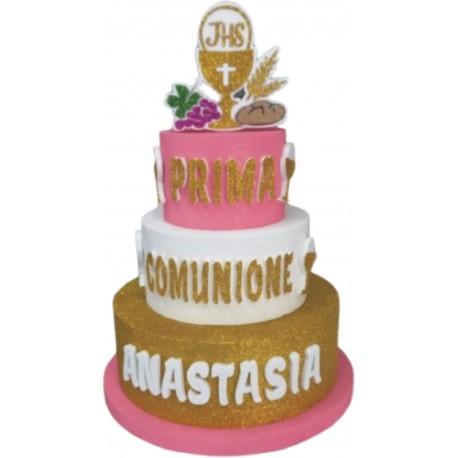 PRIMA COMUNIONE COLOR TORTA SCENOGRAFICA CON CALICE DIAM. 35 CM. ALTEZZA 46 CM.
